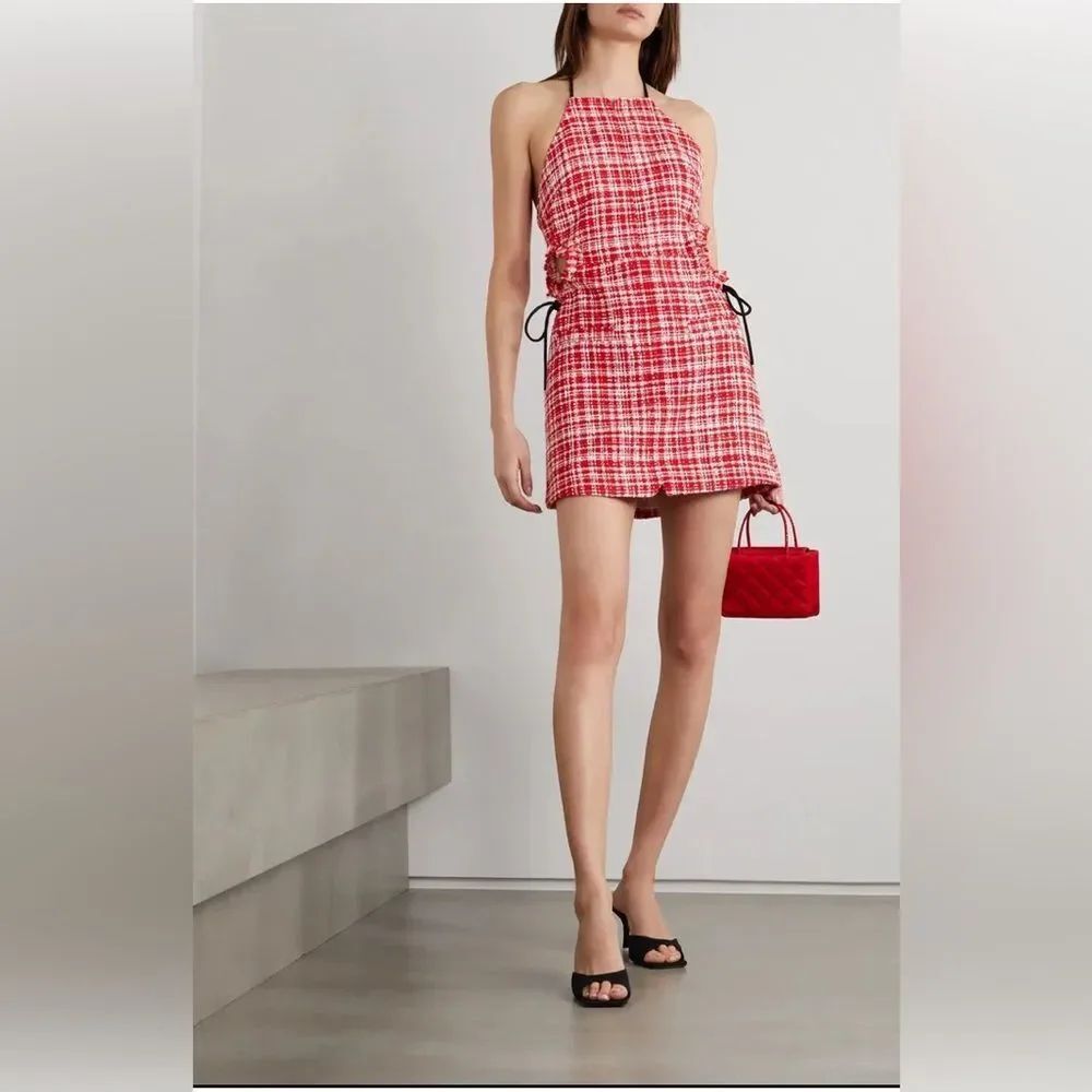 NWT Self-Portrait Red Boucle Tweed Cutout Halter Mini Dress US 10 UK 14